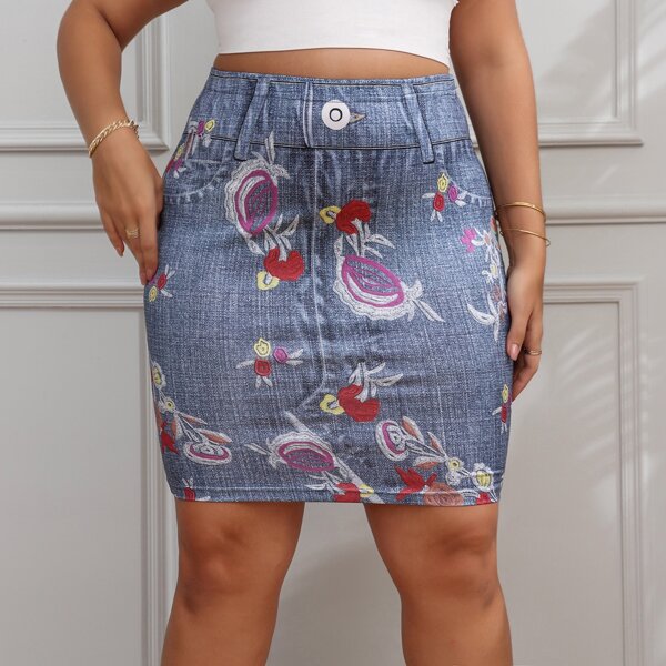 

Plus Floral Bodycon Skirt, Dusty blue