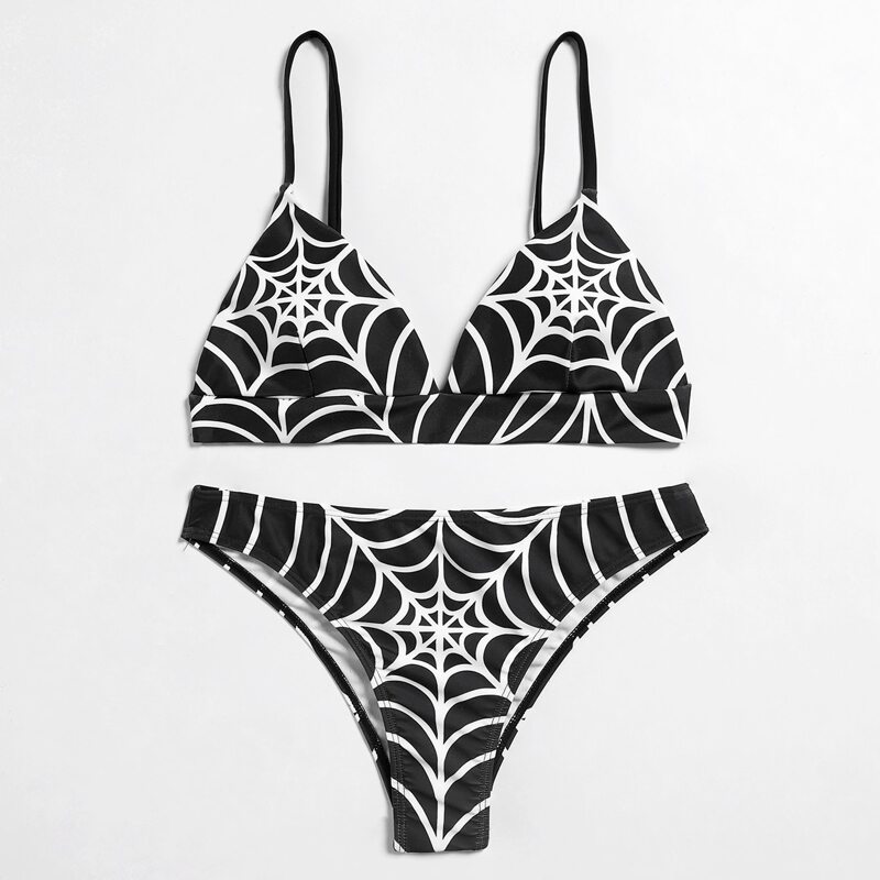 

Spider Web Print Bikini Swimsuit, Black and white