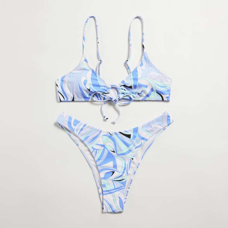 

Allover Print Tie Front Bikini Swimsuit, Multicolor