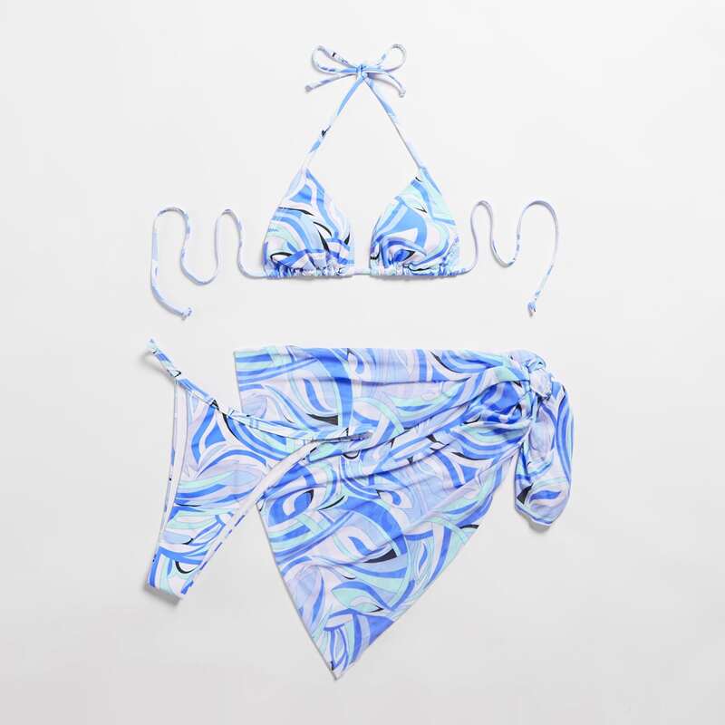 

3pack Allover Print Triangle Bikini Swimsuit & Beach Skirt, Multicolor