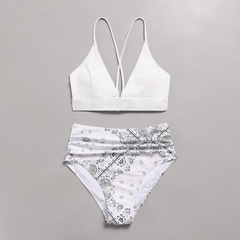 

Floral & Paisley Print High Waisted Bikini Swimsuit, Multicolor