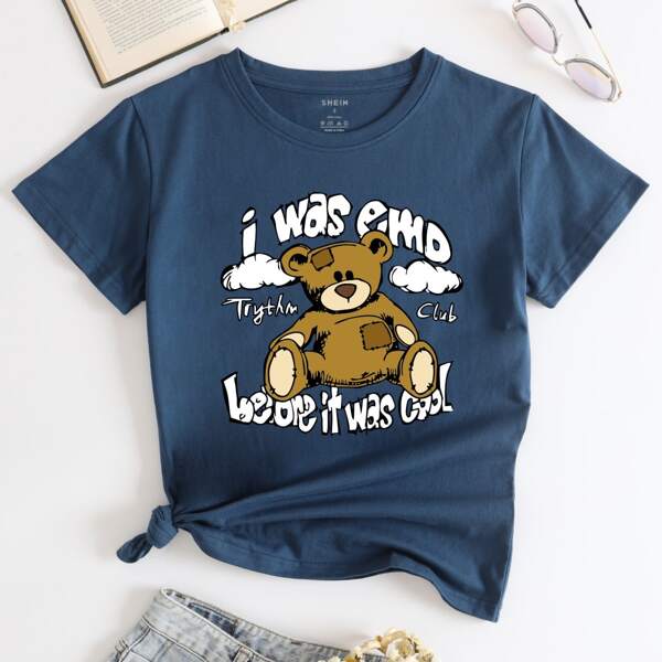

Bear & Slogan Graphic Round Neck Tee, Navy blue