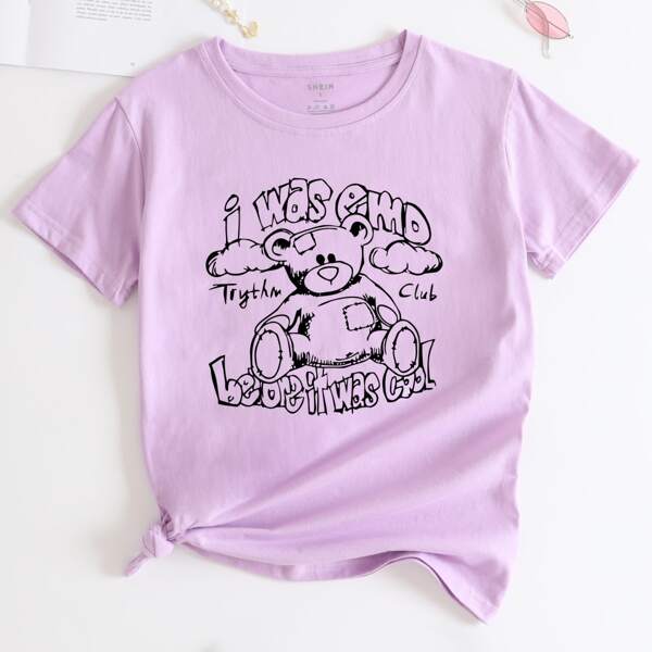 

Bear & Slogan Graphic Tee, Lilac purple