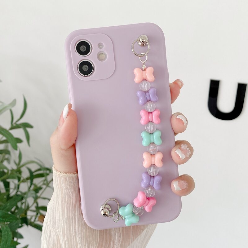 

Solid Phone Case With Bow Decor Hand Strap, Purple