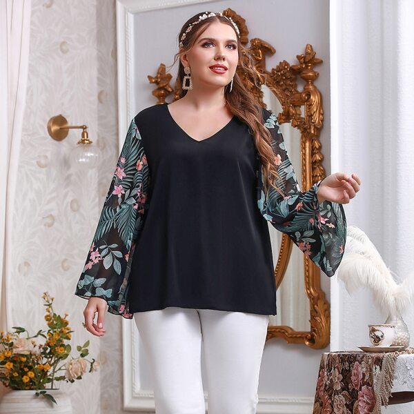 

Plus Floral And Plants Print Blouse, Black