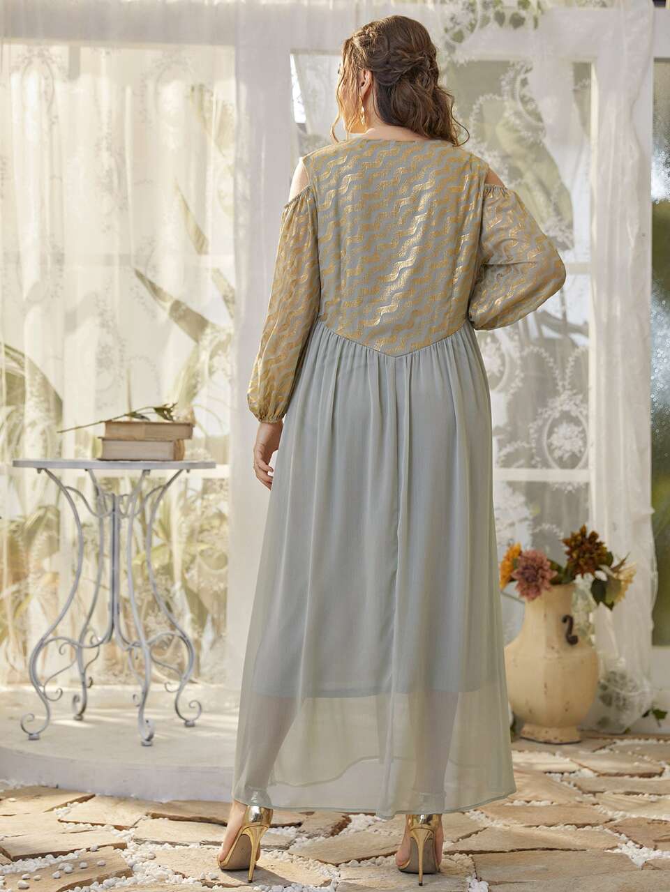 Plus Wave Striped Cold Shoulder Two Layer Hem Dress
