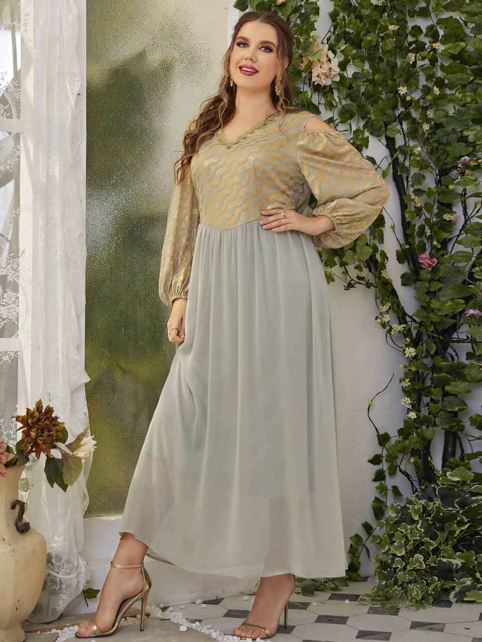 Plus Wave Striped Cold Shoulder Two Layer Hem Dress