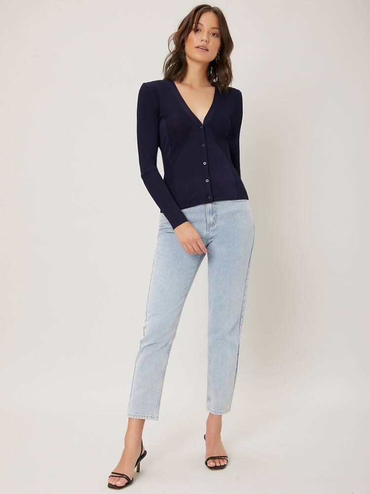 SHEIN Cárdigan de canalé delgado de viscosa - azul real - Añade 6
