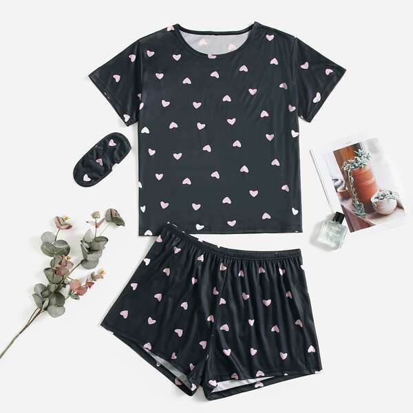 

Plus Heart Print Pajama Set, Black