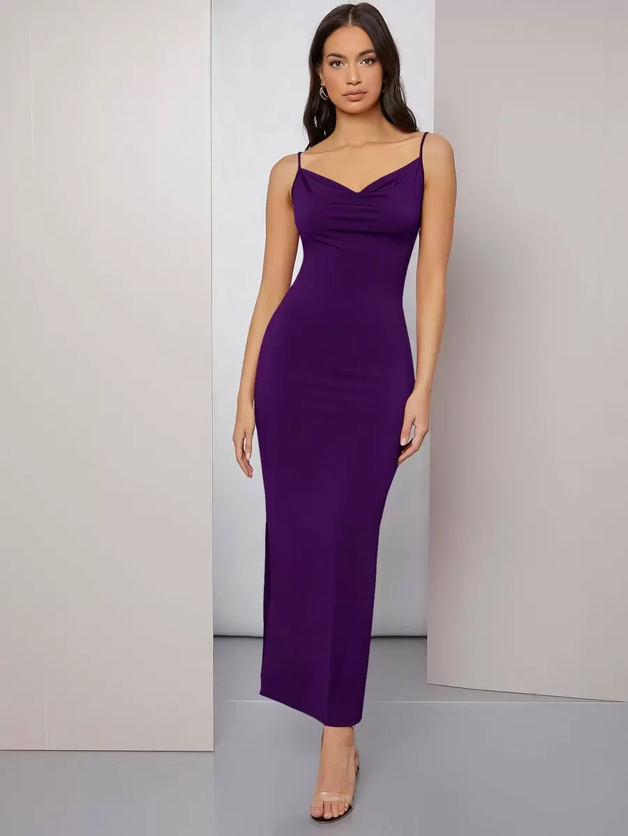 Modelyn Cowl Neck Ruched Cami Dress - Purple - View 1
