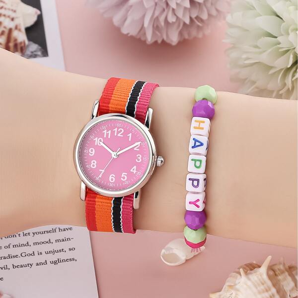 

1pc Kids Nylon Strap Quartz Watch & 1pc Bracelet