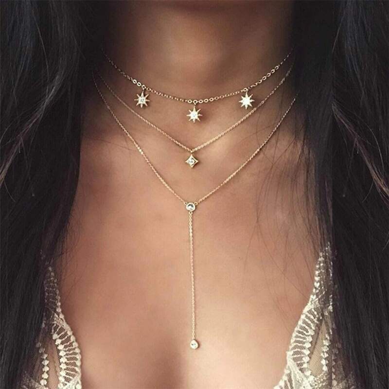 

Rhinestone Decor Layered Necklace, Gold