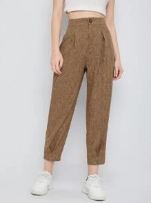 Seusyu High Waist Fold Pleat Marled Knit Cropped Pants - Mocha Brown - View 1