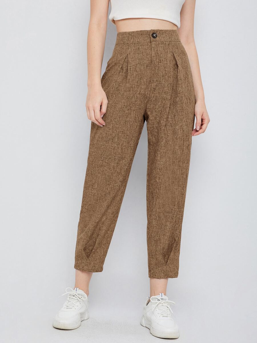 Seusyu High Waist Fold Pleat Marled Knit Cropped Pants - Mocha Brown - View 1
