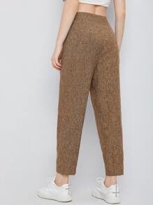 Seusyu High Waist Fold Pleat Marled Knit Cropped Pants - Mocha Brown - View 2