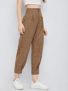 Seusyu High Waist Fold Pleat Marled Knit Cropped Pants - Mocha Brown - View 3