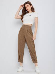 Seusyu High Waist Fold Pleat Marled Knit Cropped Pants - Mocha Brown - View 4