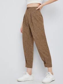 Seusyu High Waist Fold Pleat Marled Knit Cropped Pants - Mocha Brown - View 5