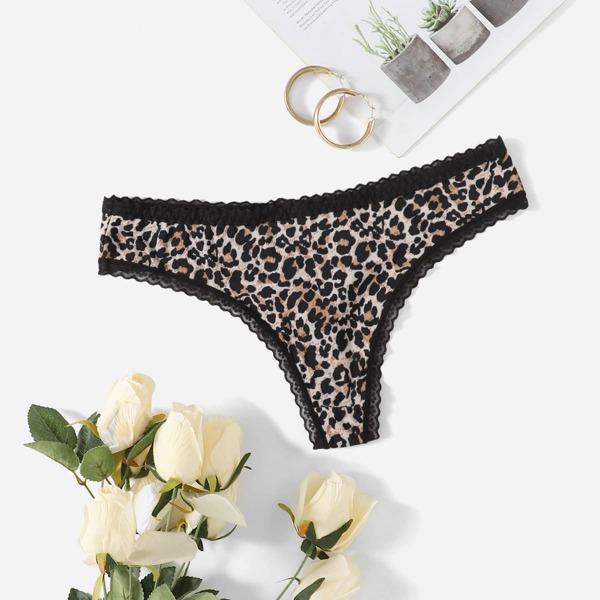 

Plus Leopard Pattern Lace Trim Thong, Multicolor
