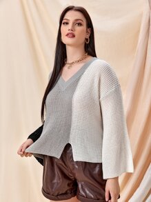 SHEIN Unity Plus Cut And Sew Drop Shoulder Sweater - Multicolor - View 3