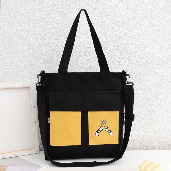 

Colorblock Pattern Tote Bag, Black
