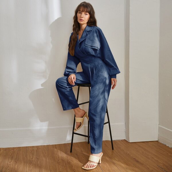 

Notch Collar Drop Shoulder Solid Jumpsuit, Navy blue