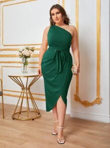 Mulvari Vestido cruzado de un hombro con cinturón - Verde Oscuro - Ver 1