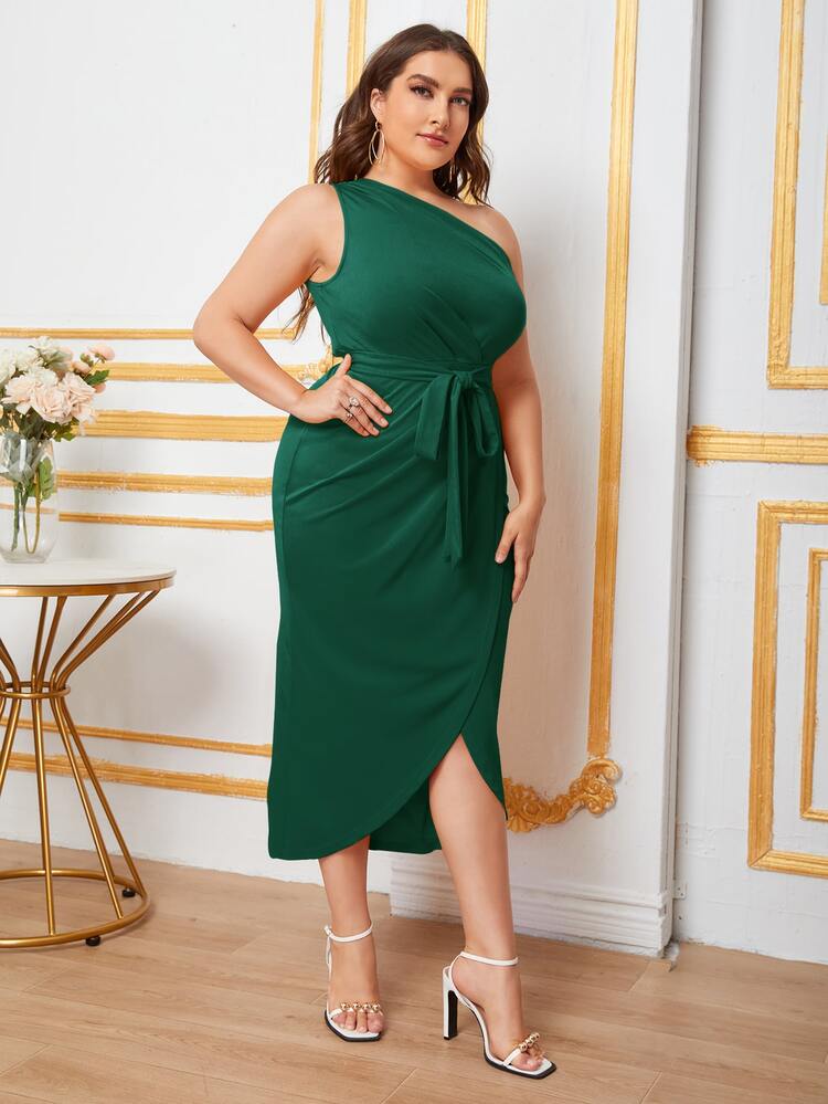 Mulvari Plus One Shoulder Belted Wrap Dress - Dark Green - View 4