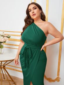 Mulvari Vestido cruzado de un hombro con cinturón - Verde Oscuro - Ver 5