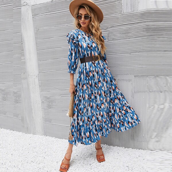 

Allover Print Ruffle Trim Flounce A Line Dress Without Belt, Multicolor