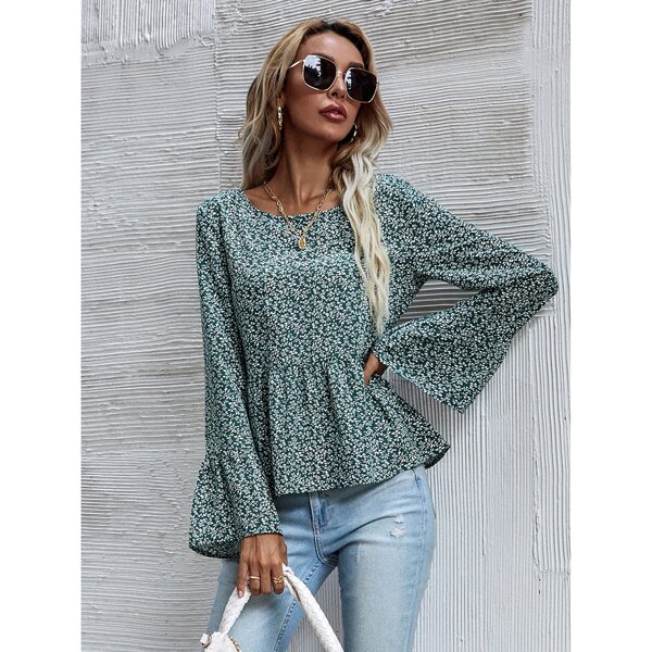 

Ditsy Floral Print Flounce Sleeve Ruffle Hem Blouse, Multicolor