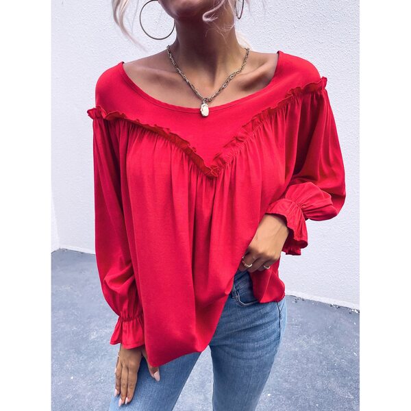 

Scoop Neck Flounce Sleeve Blouse, Red