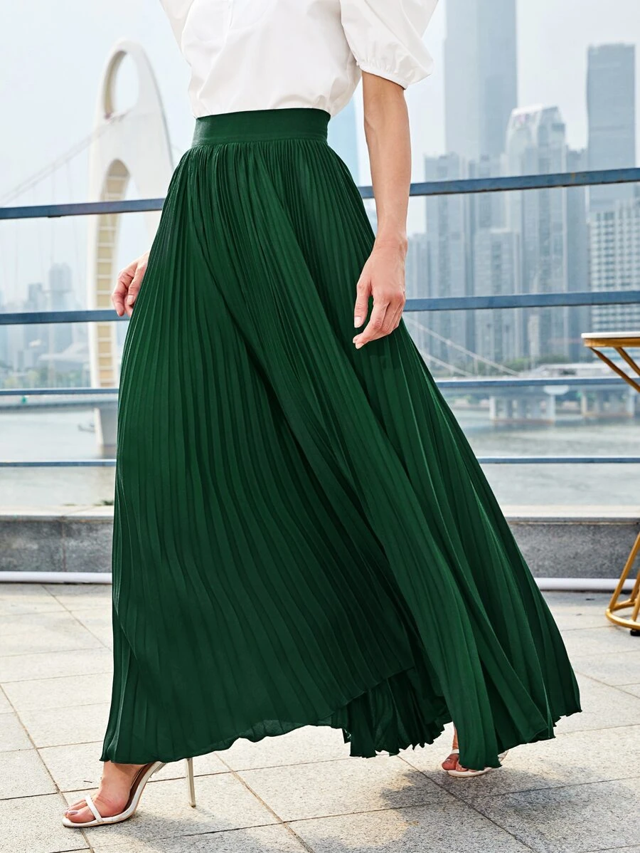 SHEIN Pleated Maxi Skirt - Dark Green - View 1