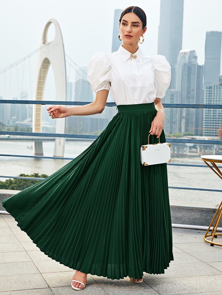 SHEIN Pleated Maxi Skirt - Dark Green - View 3