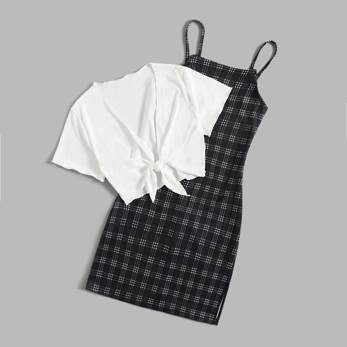 

Solid Tie Front Top & Plaid Cami Dress, Black and white