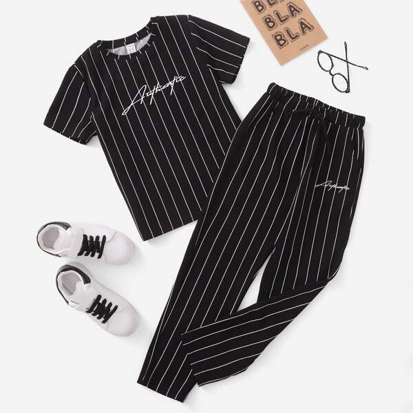 

Boys Letter Graphic Pinstripe Tee & Drawstring Pants, Black