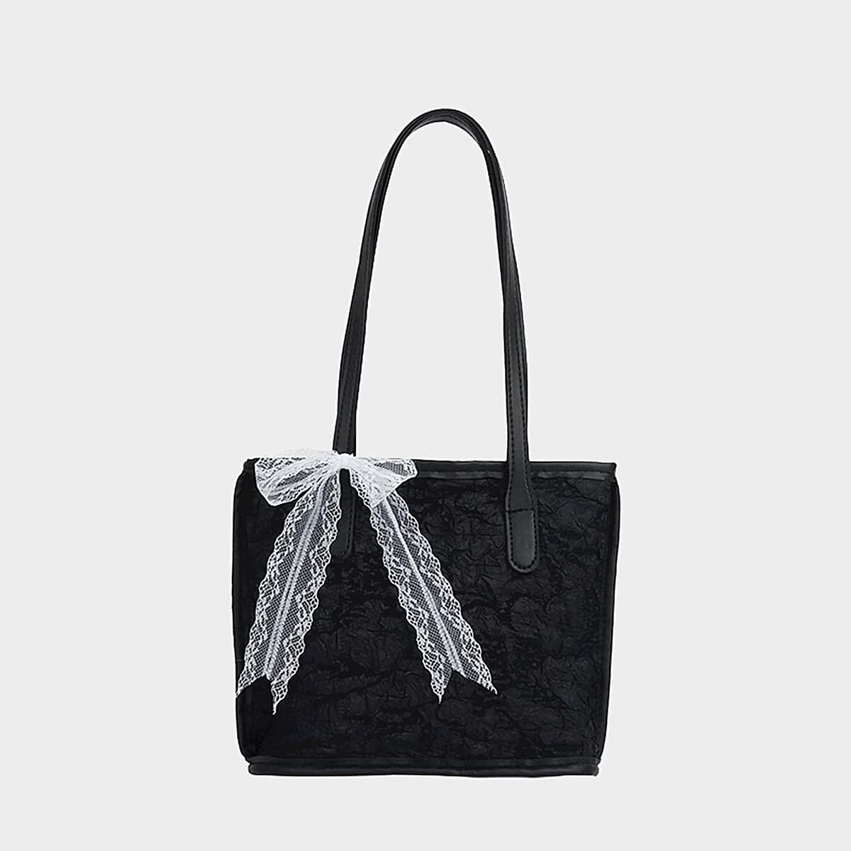 

Lace Decor Double Handle Tote Bag, Black