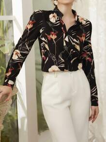 Mulvari Floral Print Notch Neck Blouse,Long Sleeve Tops Fall Cloth For Women - Black - View 4