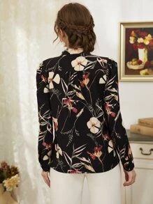Mulvari Floral Print Notch Neck Blouse,Long Sleeve Tops Fall Cloth For Women - Black - View 2