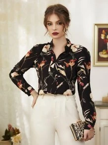 Mulvari Floral Print Notch Neck Blouse,Long Sleeve Tops Fall Cloth For Women - Black - View 5