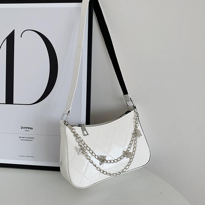 

Chain Butterfly Decor Baguette Bag, White