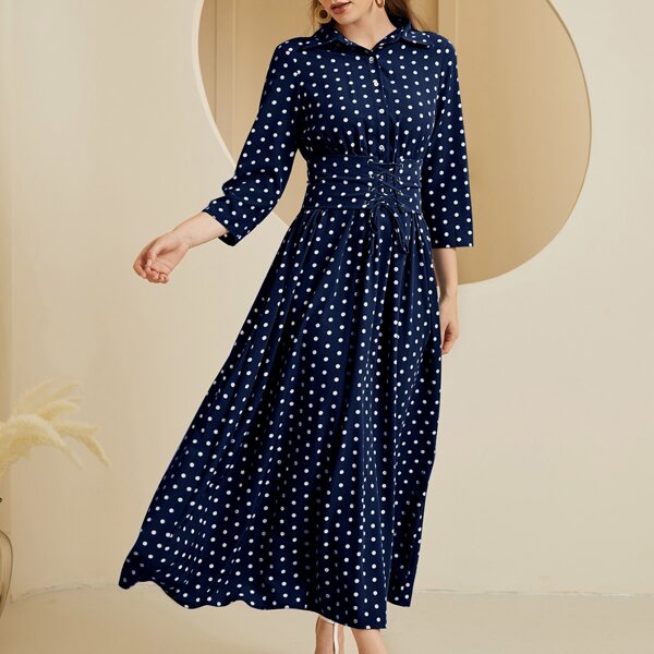 

Polka Dot Print Shirt Dress With Corset, Navy blue