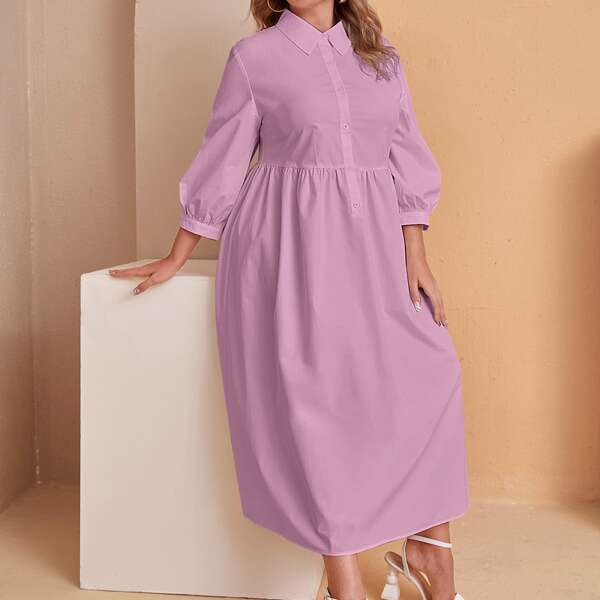 

Plus Lantern Sleeve Solid Shirt Dress, Lilac purple