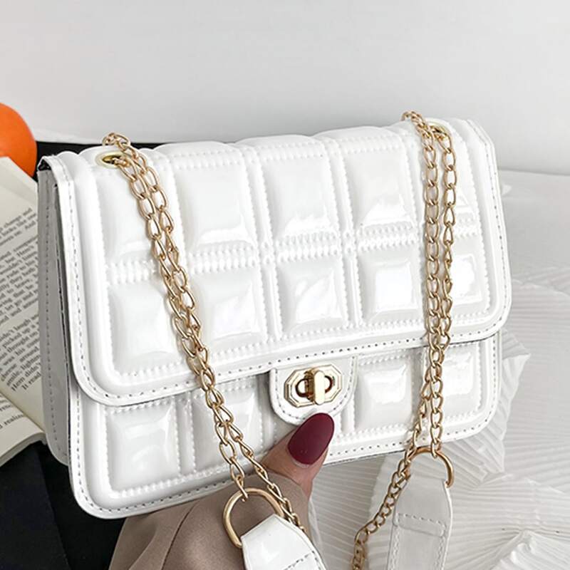 

Quilted Flap Chain Bag, White