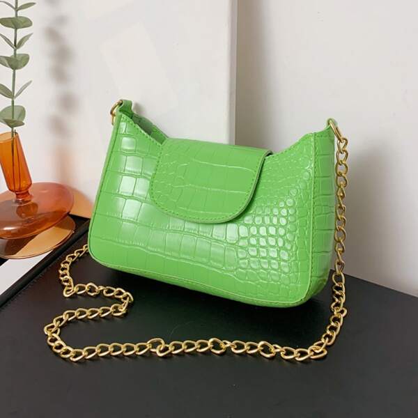 

Croc Embossed Flap Chain Baguette Bag, Green