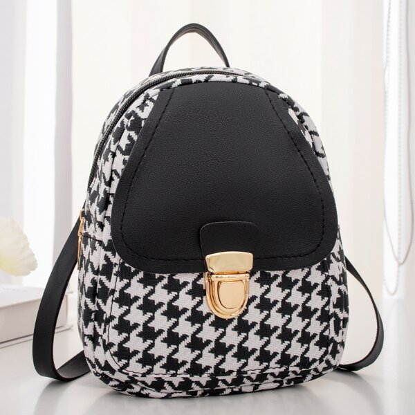 

Houndstooth Push Lock Backpack, Black and white