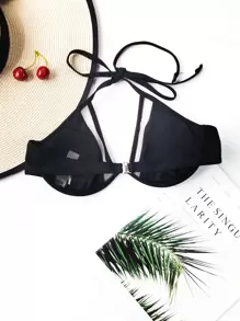 Swim Vcay Summer Beach Harness Halter Push Up Bikini Top - Black - View 2