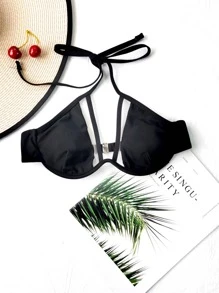 Swim Vcay Summer Beach Harness Halter Push Up Bikini Top - Black - View 3