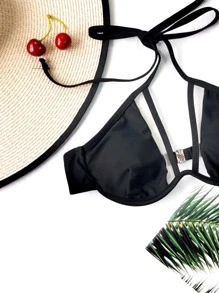 Swim Vcay Summer Beach Harness Halter Push Up Bikini Top - Black - View 4