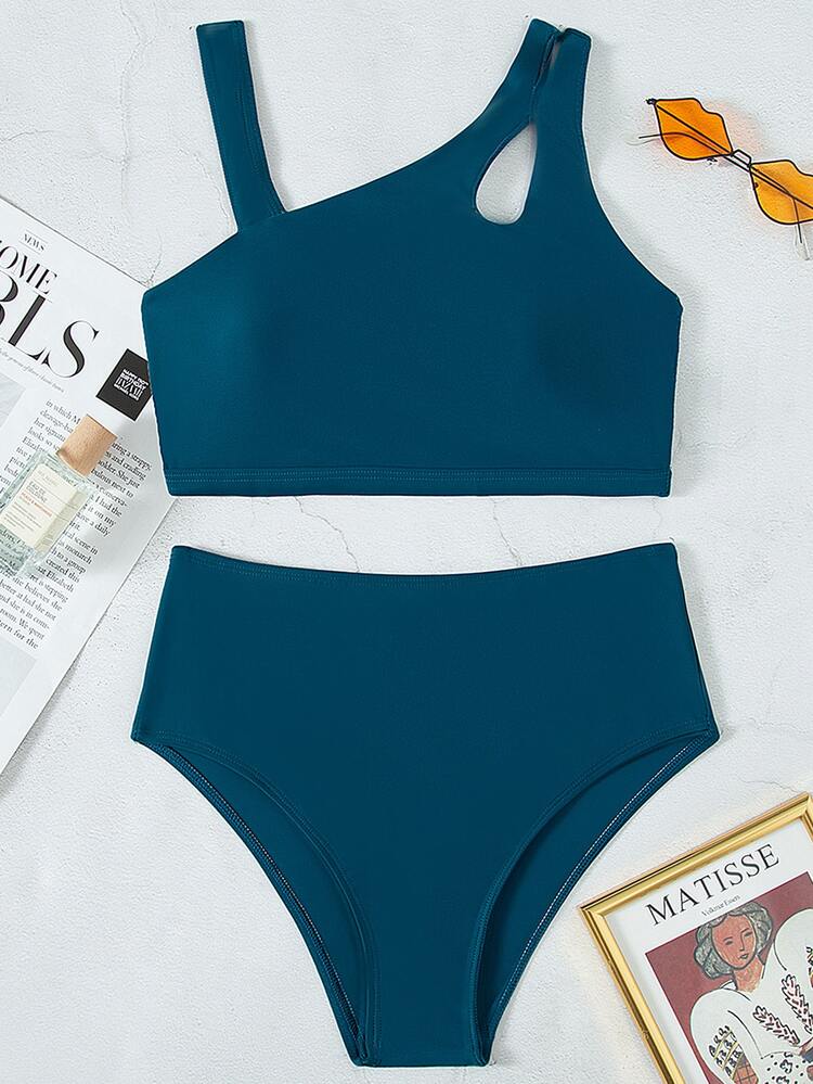 Cut-Out High Waisted Bikini, For Summer Beach Vacation - Teal Blue - View 3